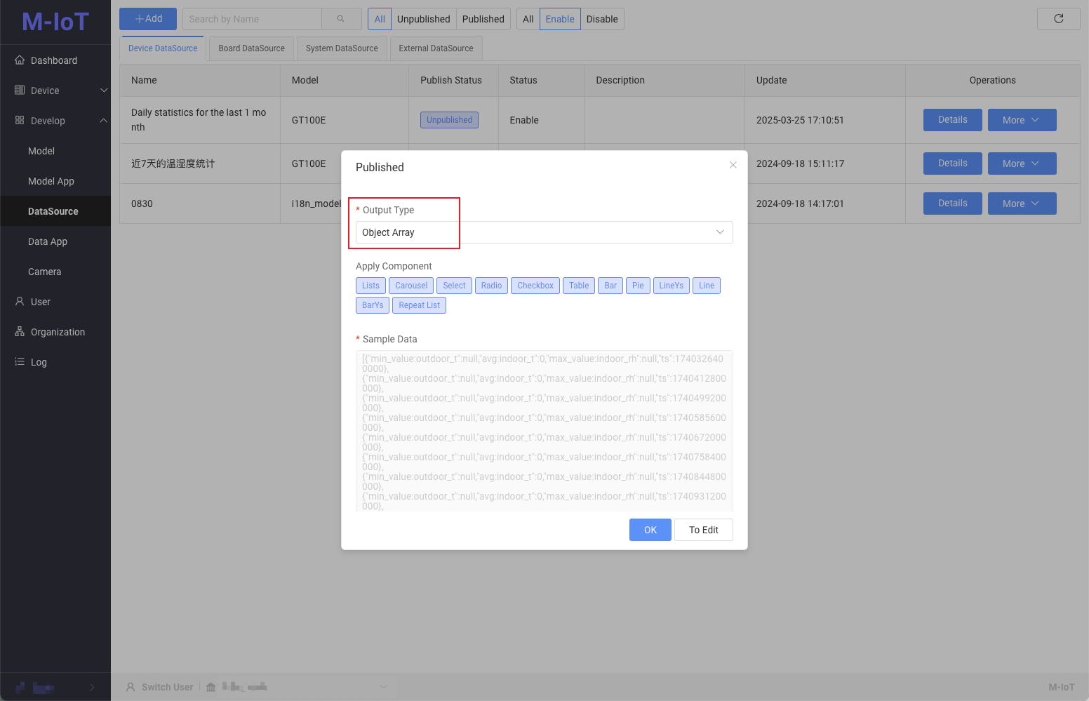 Device data source configuration interface