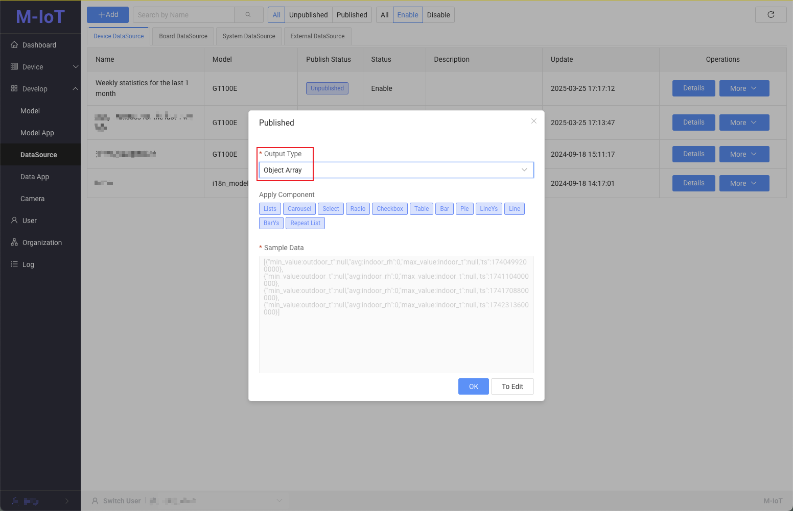 Device data source configuration interface