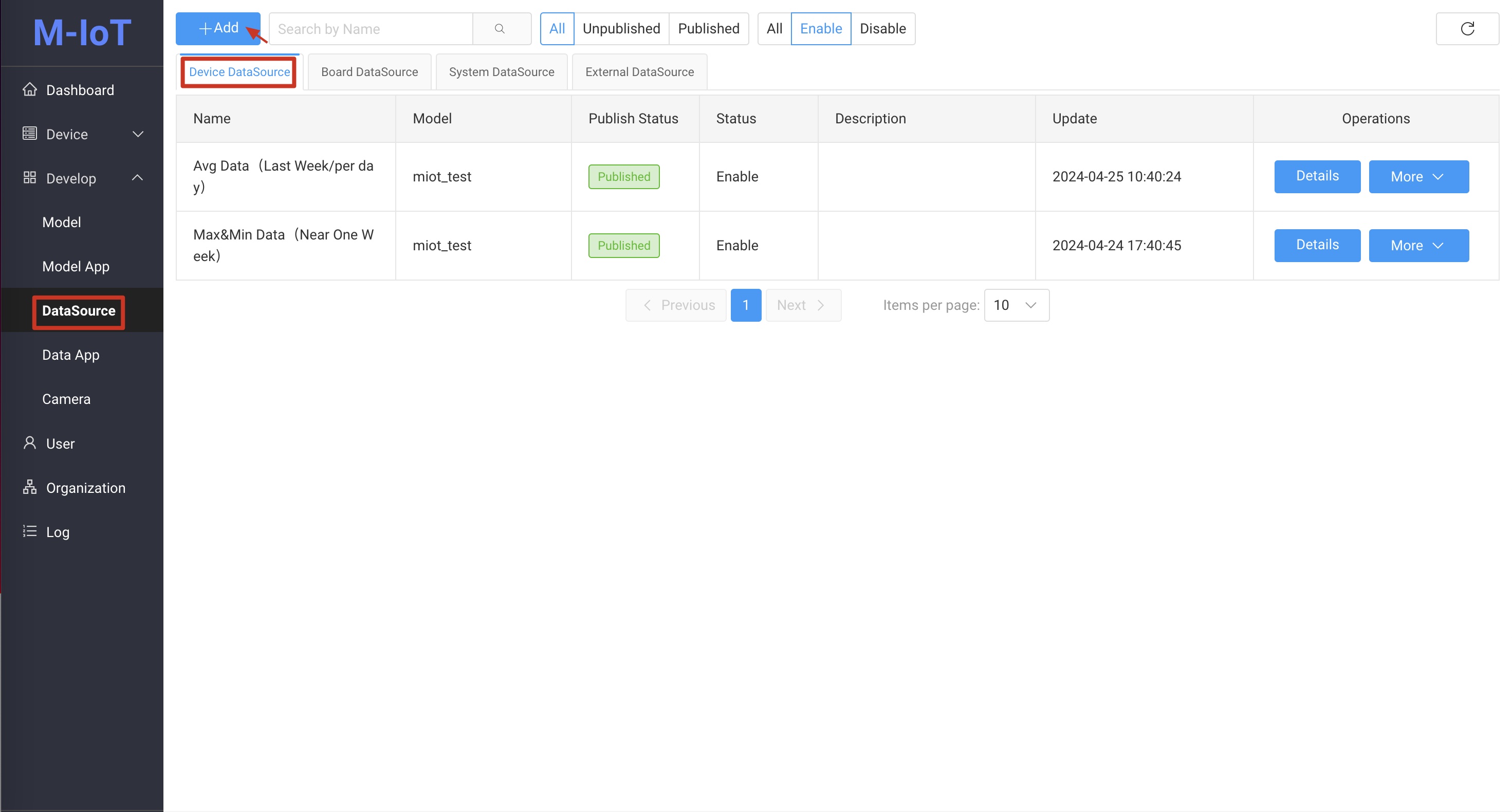 Device page data source configuration interface