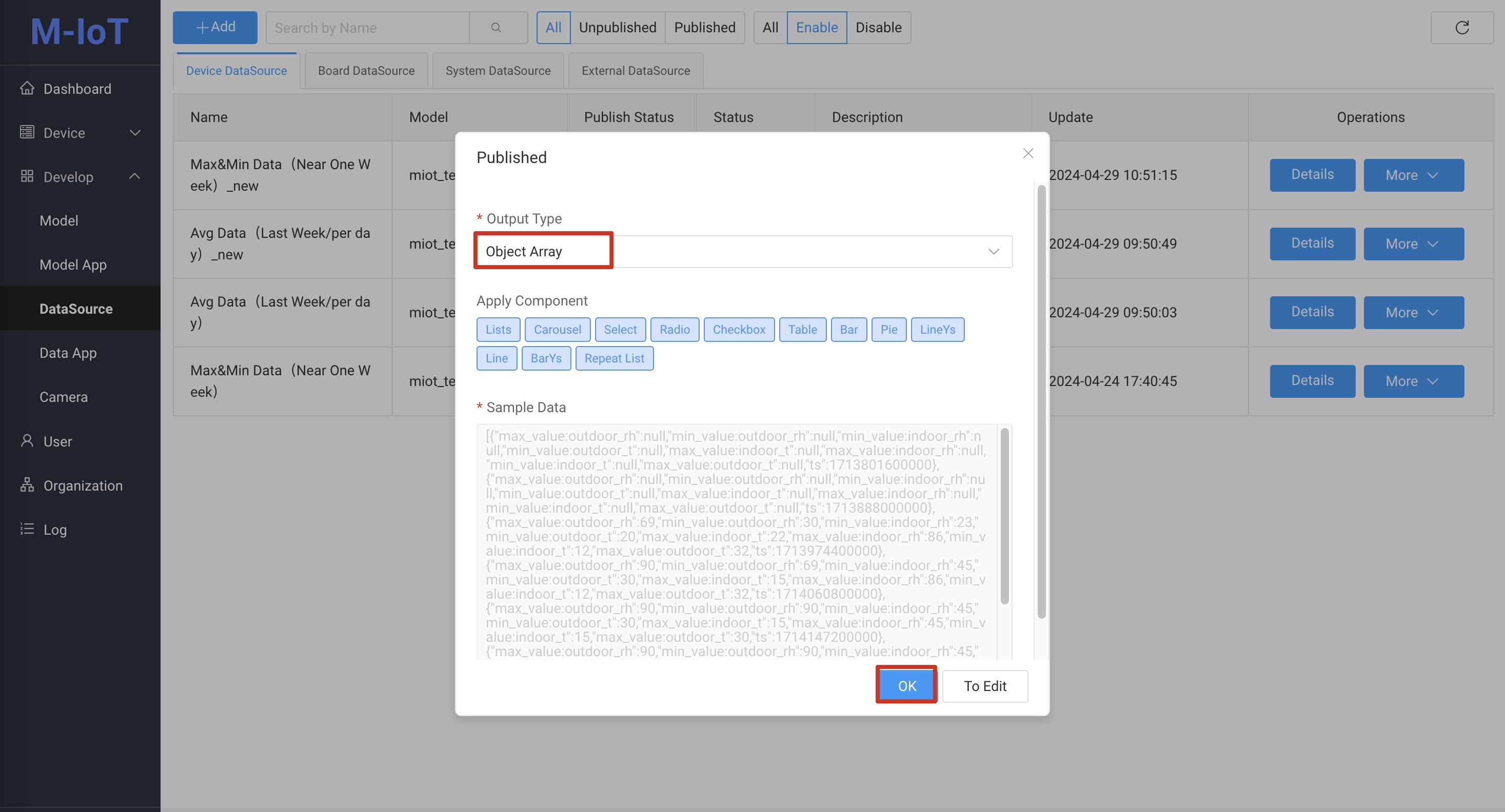 Device page data source config